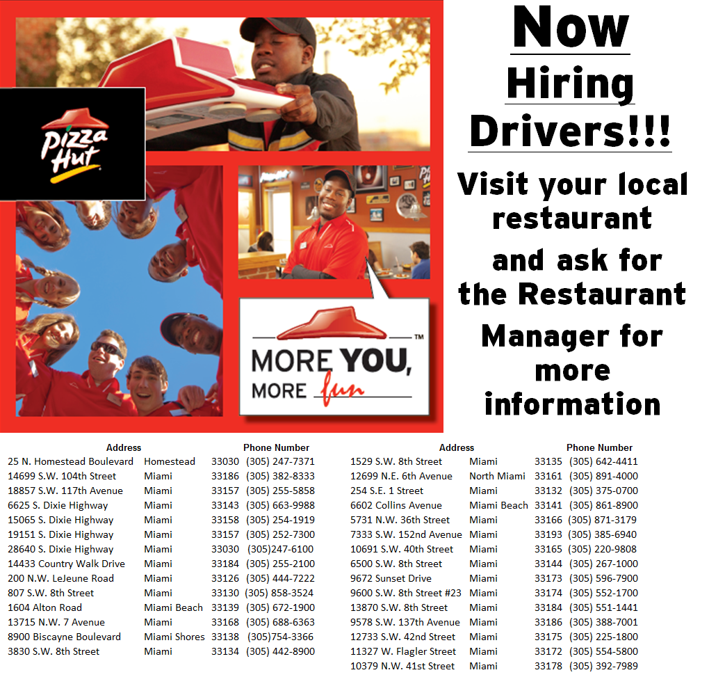 Pizza Hut â€“ NOW HIRING DELIVERY DRIVERS!!1020