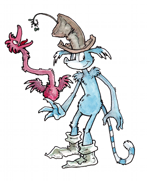 Original art by Tod Wills of a two-legged blue critter with a white stripped tail wearing pointed boots and a crumpled stovepipe hat, from which a curling branch sprouts to tease a very long-necked red bird-creature with almost vestigial wings