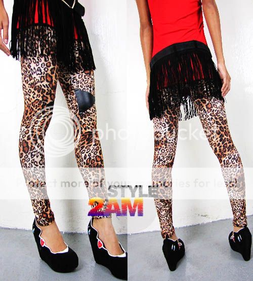 Womens Leggings Tight Pants Triangle Rock Punk Knee Leopard Leather 